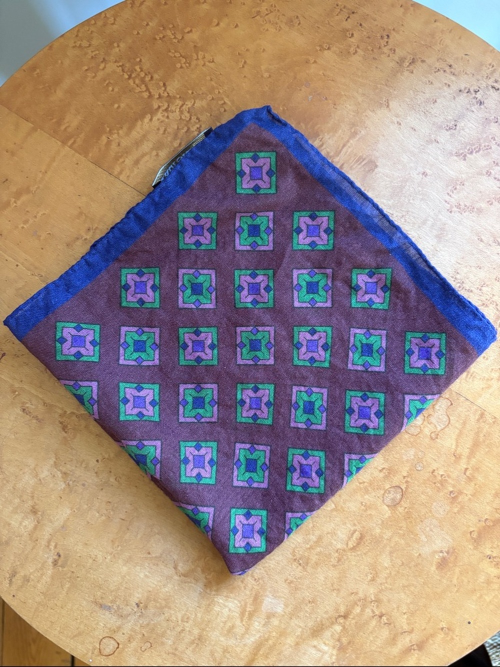 Paul Stuart Brown Pocket Square with Green, Blue & Purple Geometric Motif